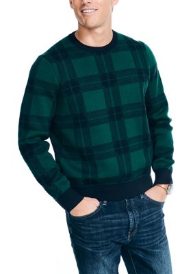 Nautica Men's Navtech Plaid Jacquard Crew Neck Sweater, Navy Blue, Small