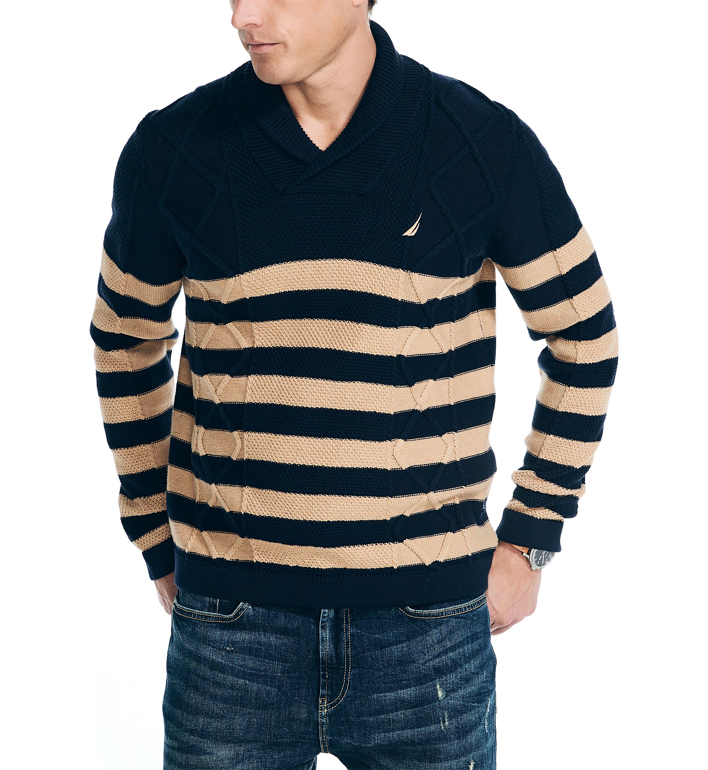 Shawl Neck Striped Cable Knit Sweater