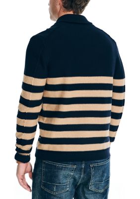 Shawl Neck Striped Cable Knit Sweater