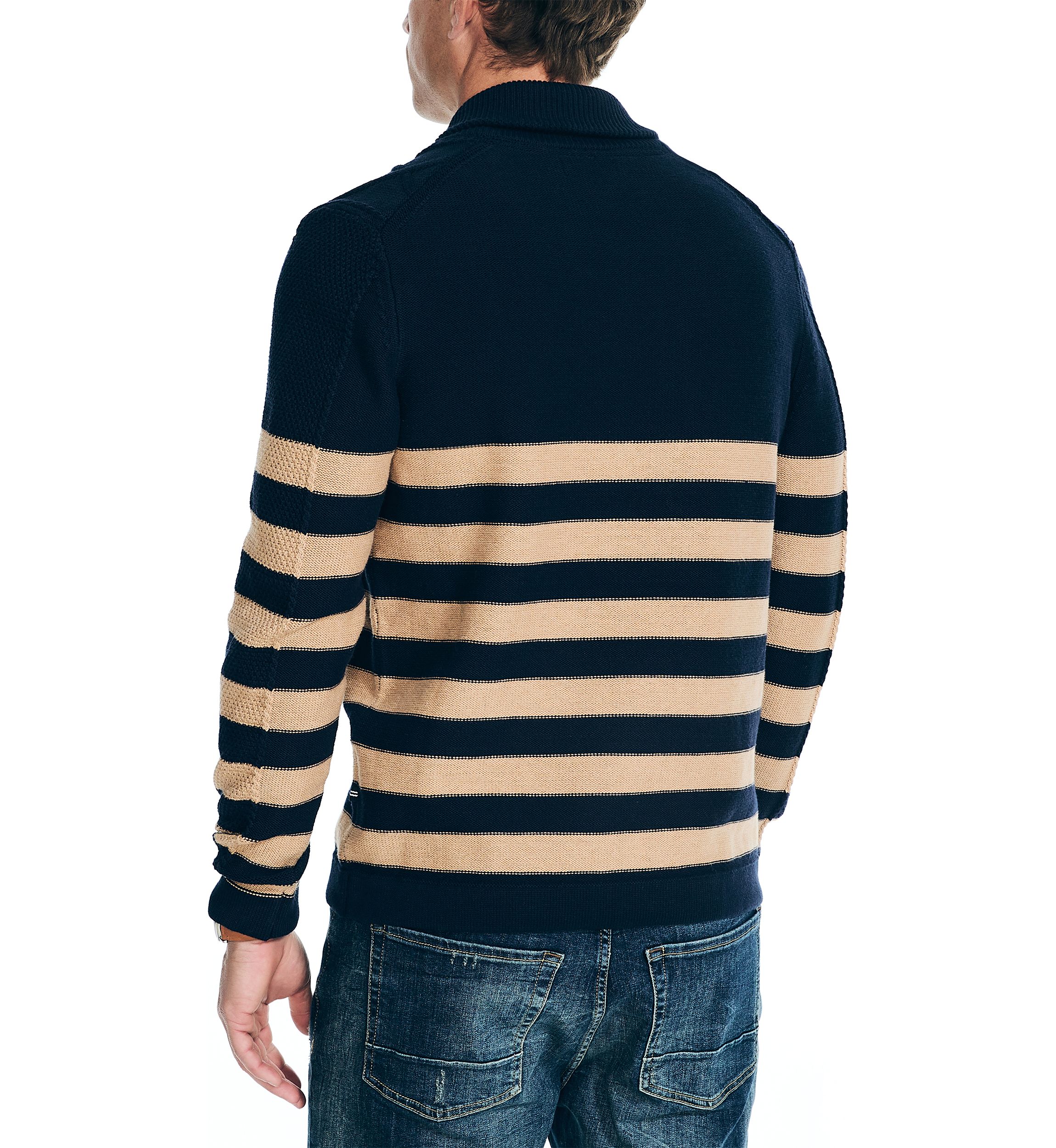 Shawl Neck Striped Cable Knit Sweater