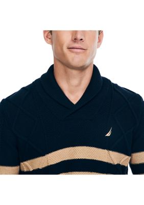 Shawl Neck Striped Cable Knit Sweater