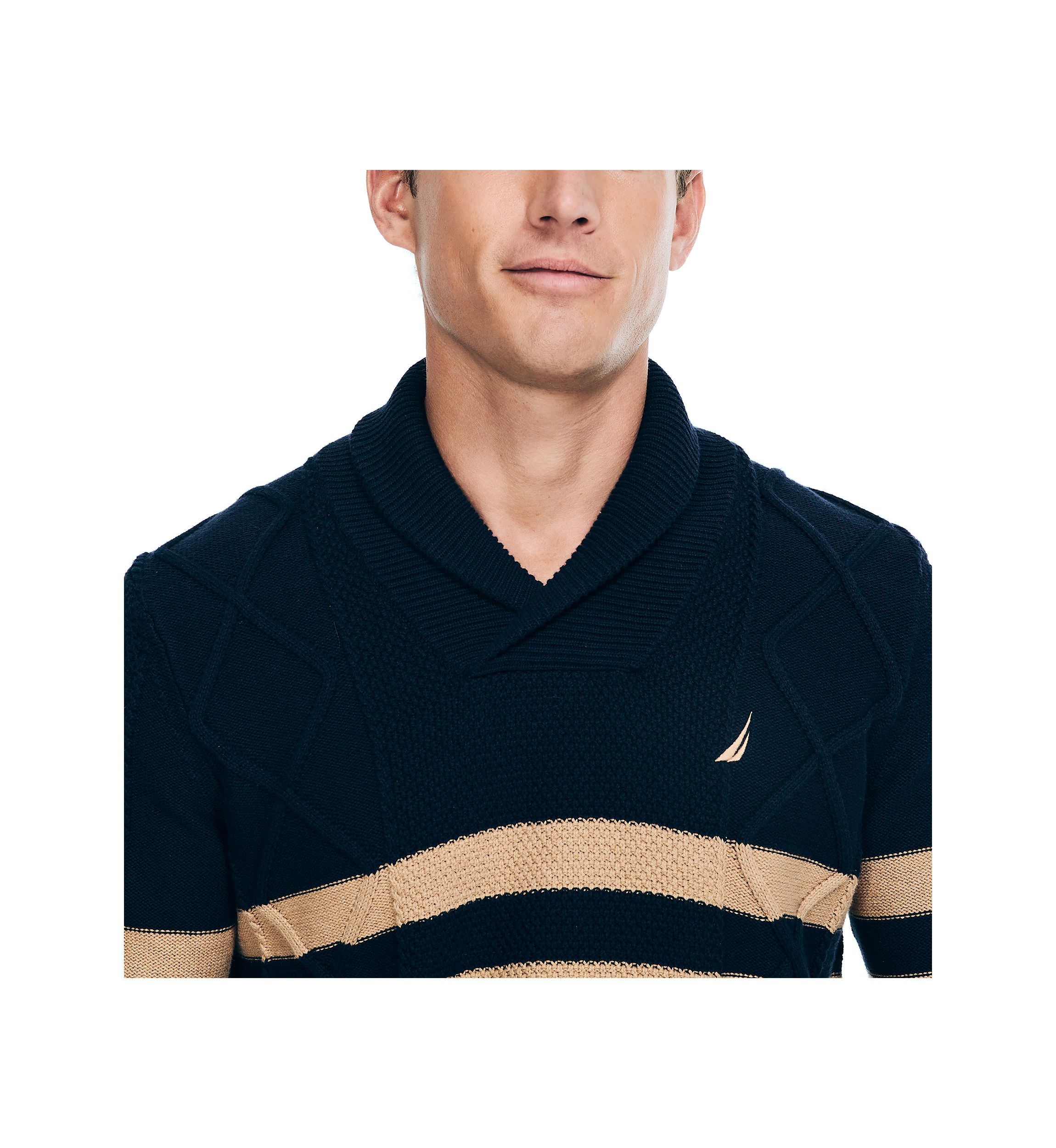 Shawl Neck Striped Cable Knit Sweater