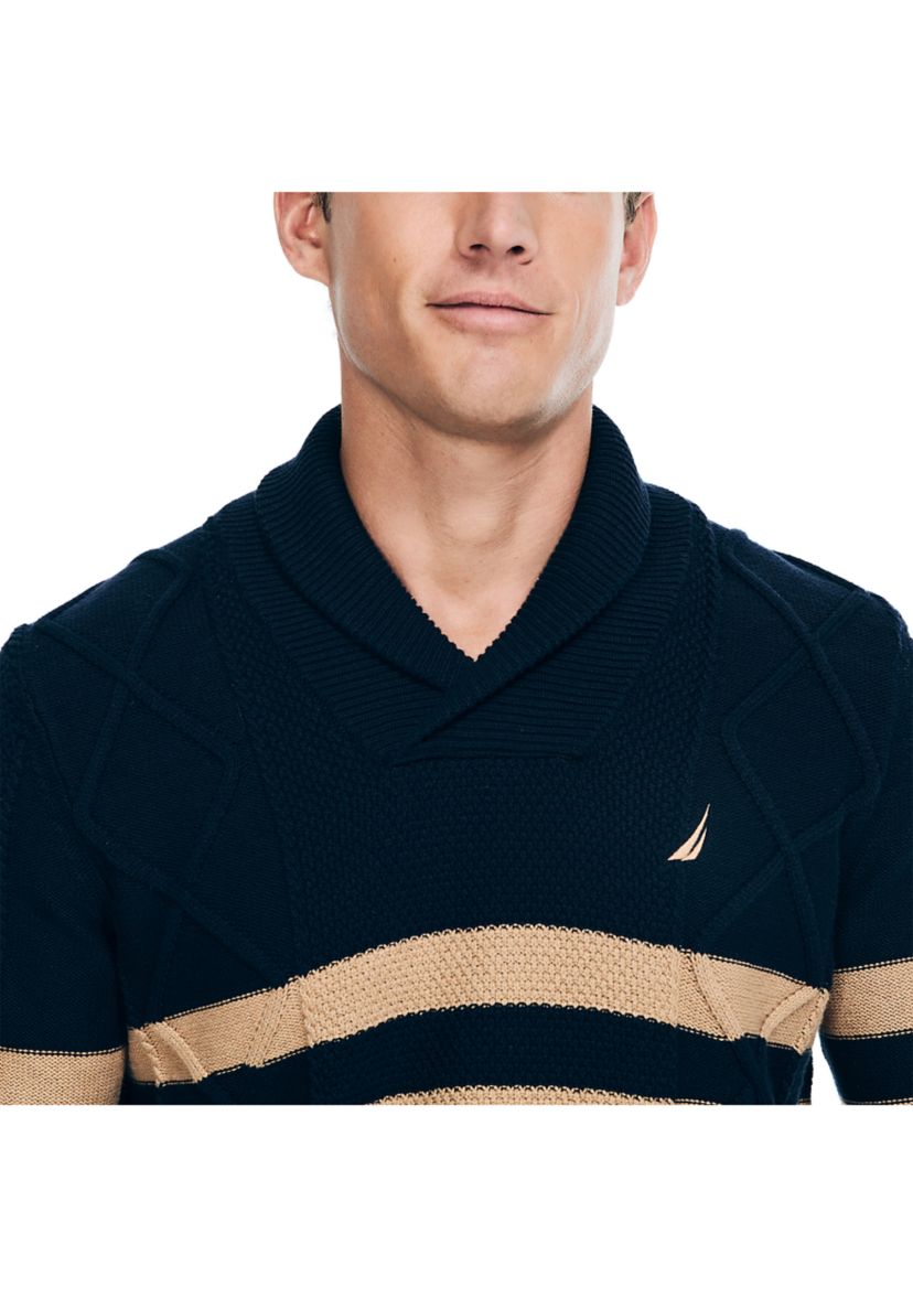 Shawl Neck Striped Cable Knit Sweater