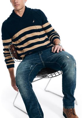 Shawl Neck Striped Cable Knit Sweater