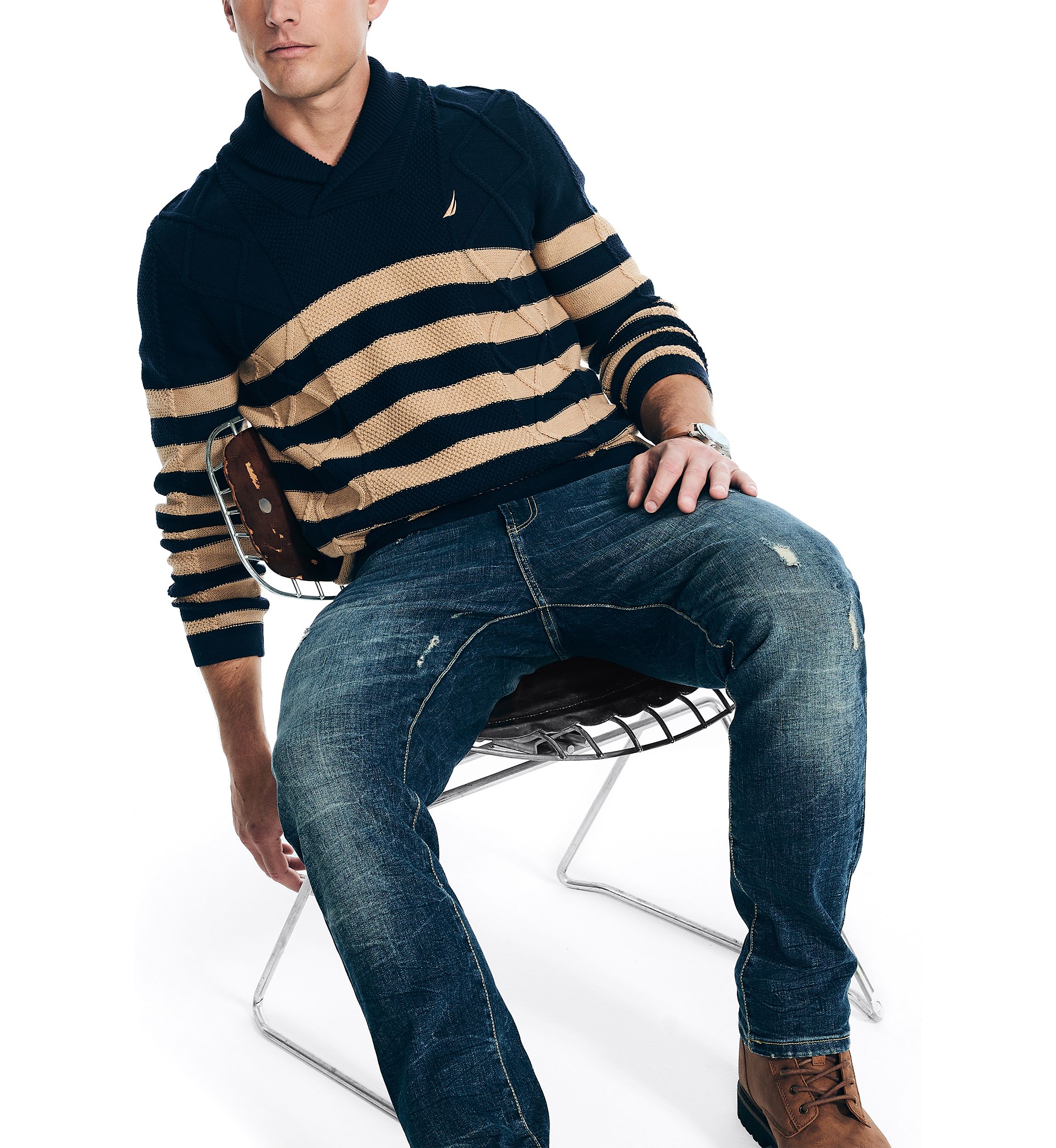Shawl Neck Striped Cable Knit Sweater