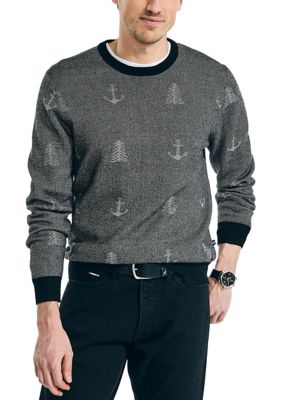 Nautica Men's Sustainably Crafted Printed Crew Neck Sweater, Black, Large