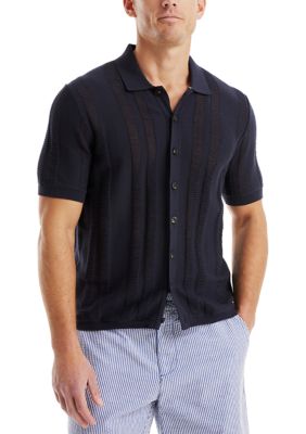 Nautica Men's Textured Striped Button-Up Sweater Polo, Navy Blue, 2XL