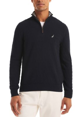 Nautica Men's Textured Logo Quarter Zip Sweater, Navy Blue, Medium
