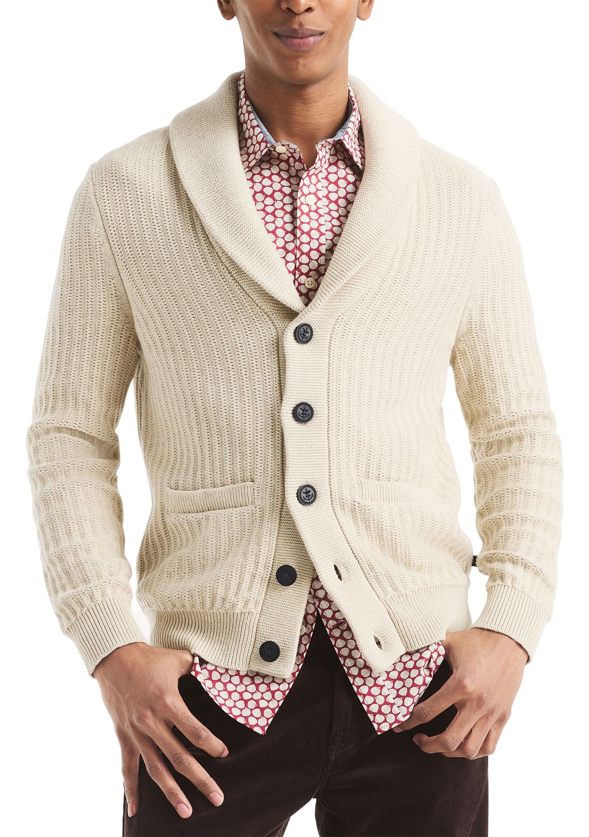 Mens Textured Cardigan with Shaw Collar
