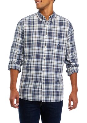 Nautica Men's Sustainably Crafted Plaid Linen Shirt, White, Small