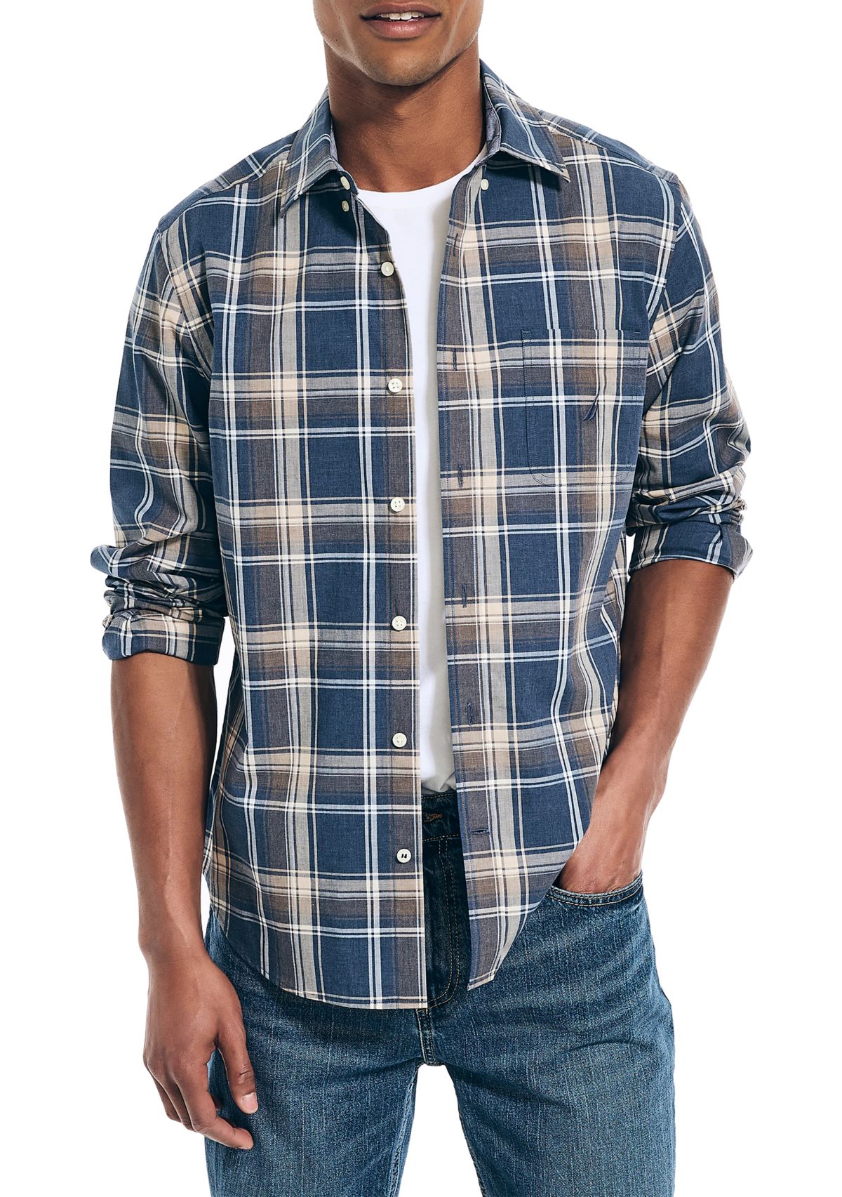 Long Sleeve Heathered Plaid Button Down Shirt