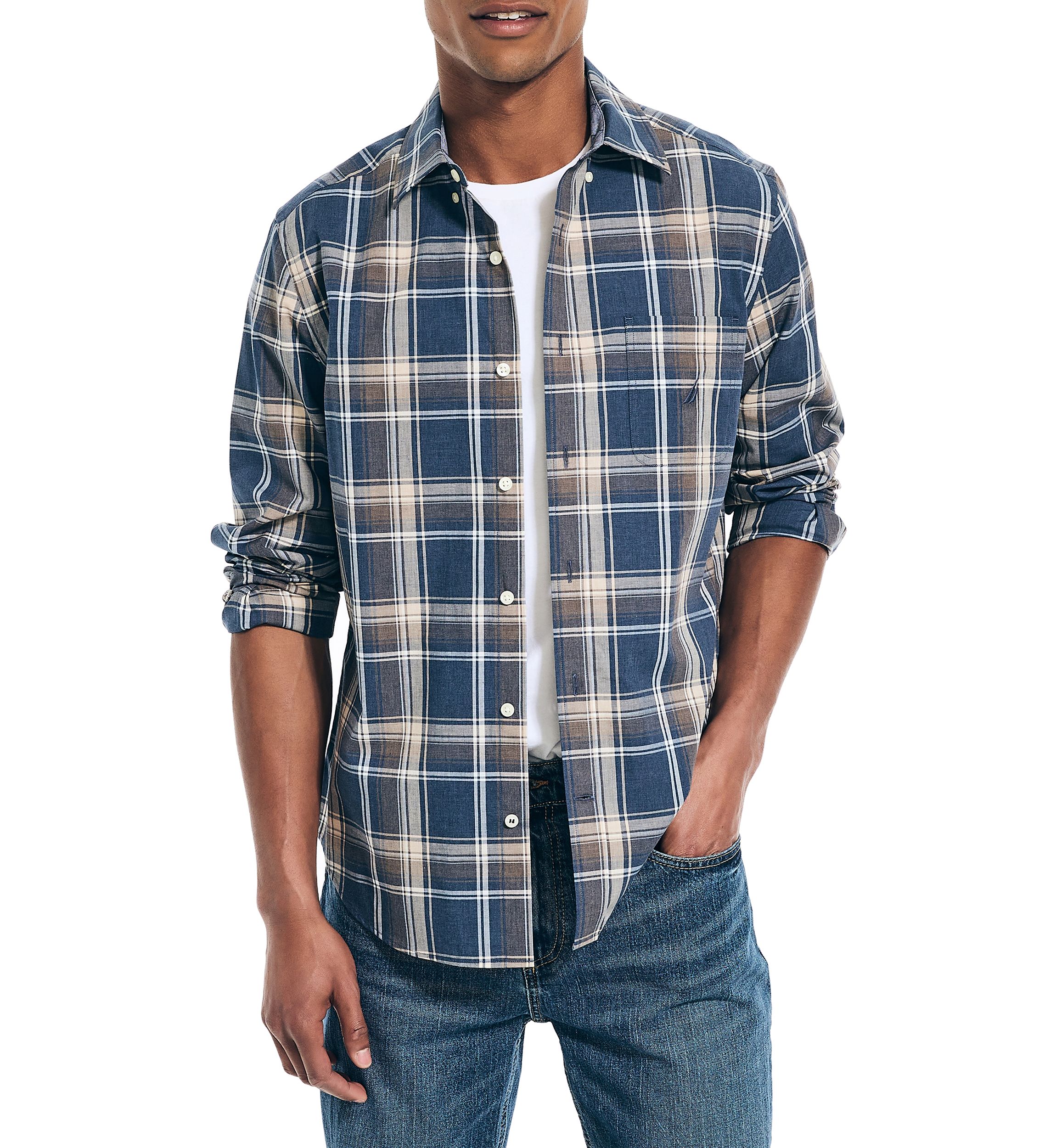 Long Sleeve Heathered Plaid Button Down Shirt