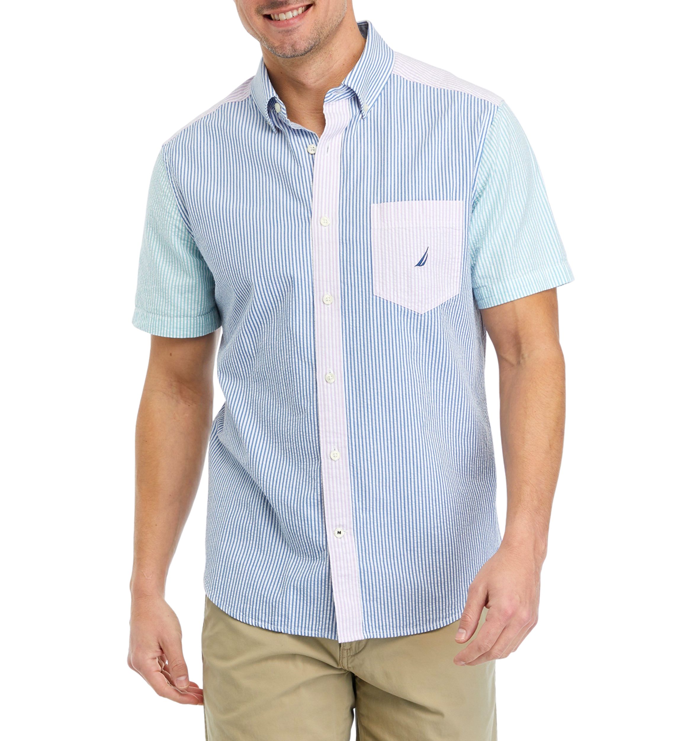  Mixed Striped Seersucker Short-Sleeve Shirt