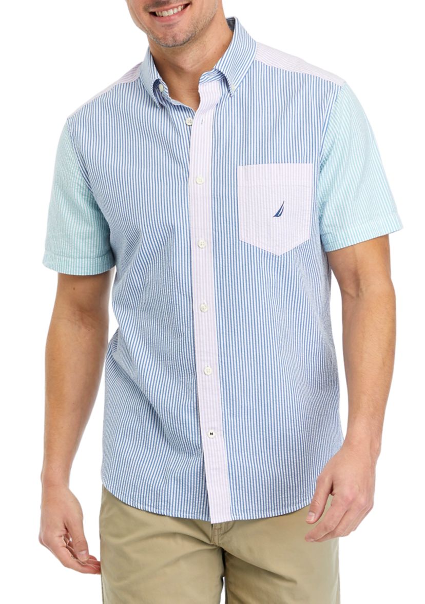 Mixed Striped Seersucker Short-Sleeve Shirt