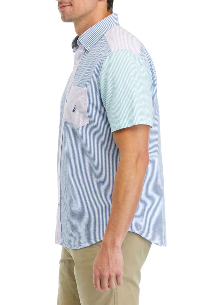  Mixed Striped Seersucker Short-Sleeve Shirt