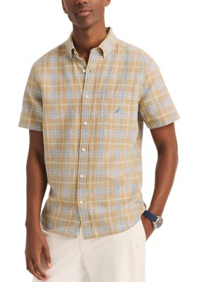 Nautica Men's Plaid Linen Short Sleeve Shirt, Medium