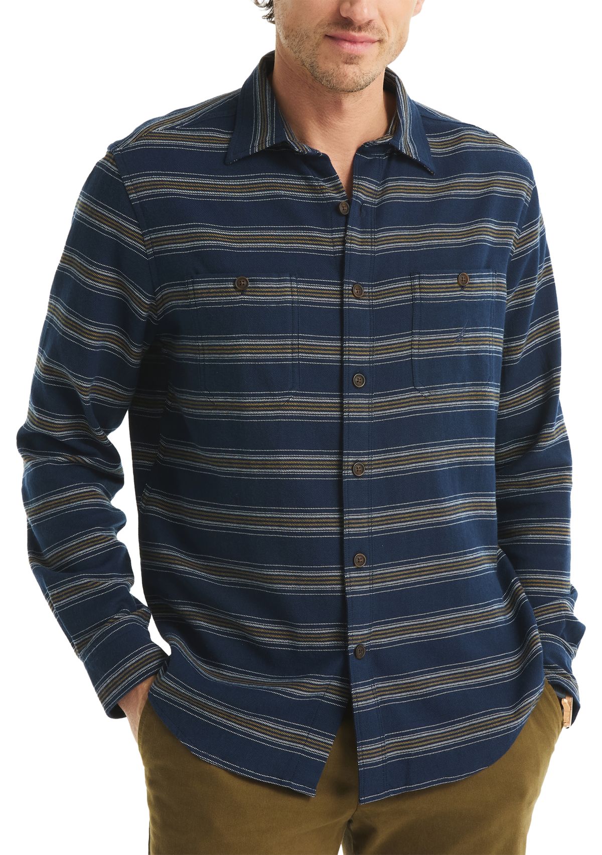 Mens Long Sleeve Striped Stretch Flannel