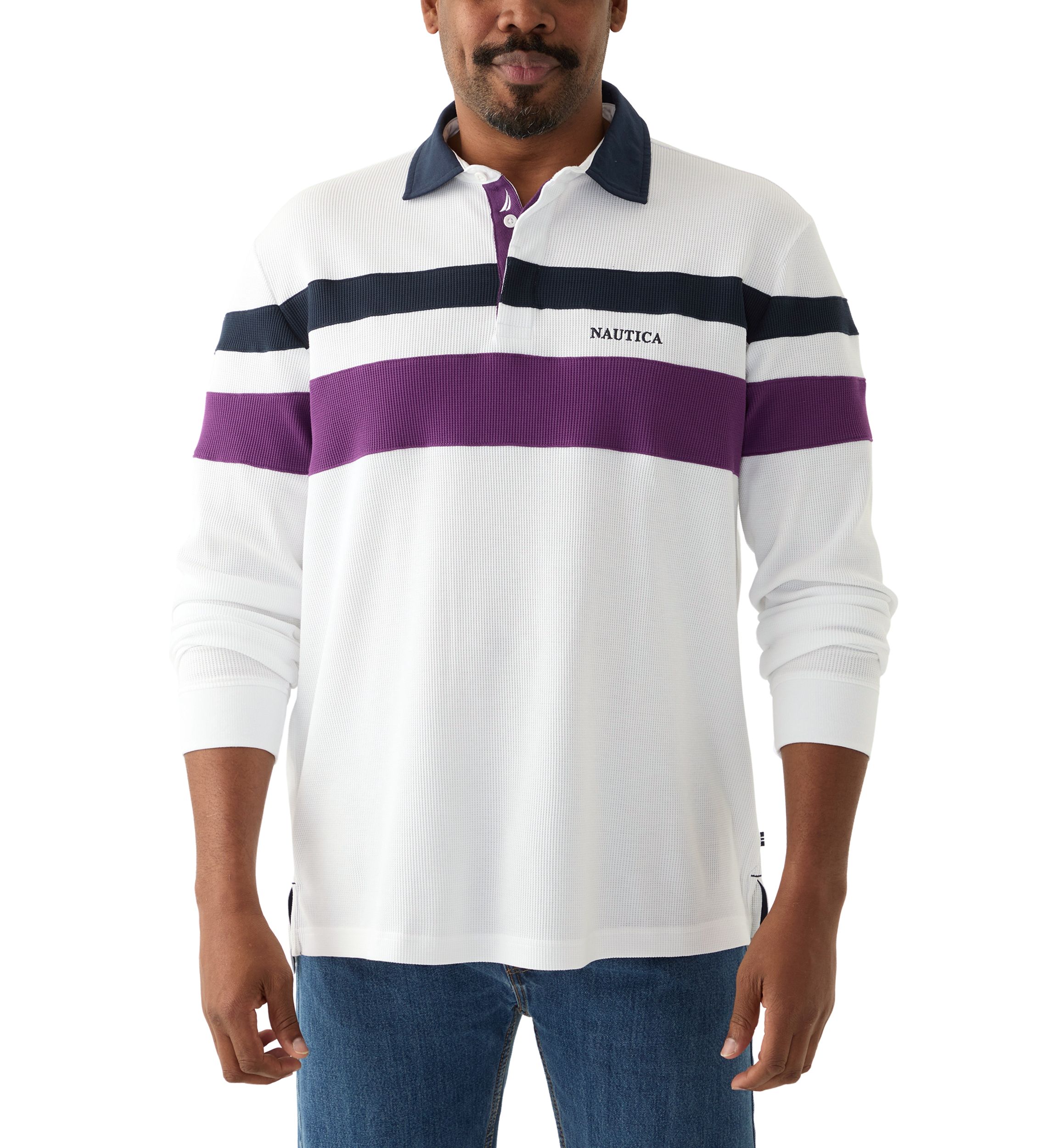 Big & Tall Long Sleeve Waffle Rugby Stripe Polo Shirt