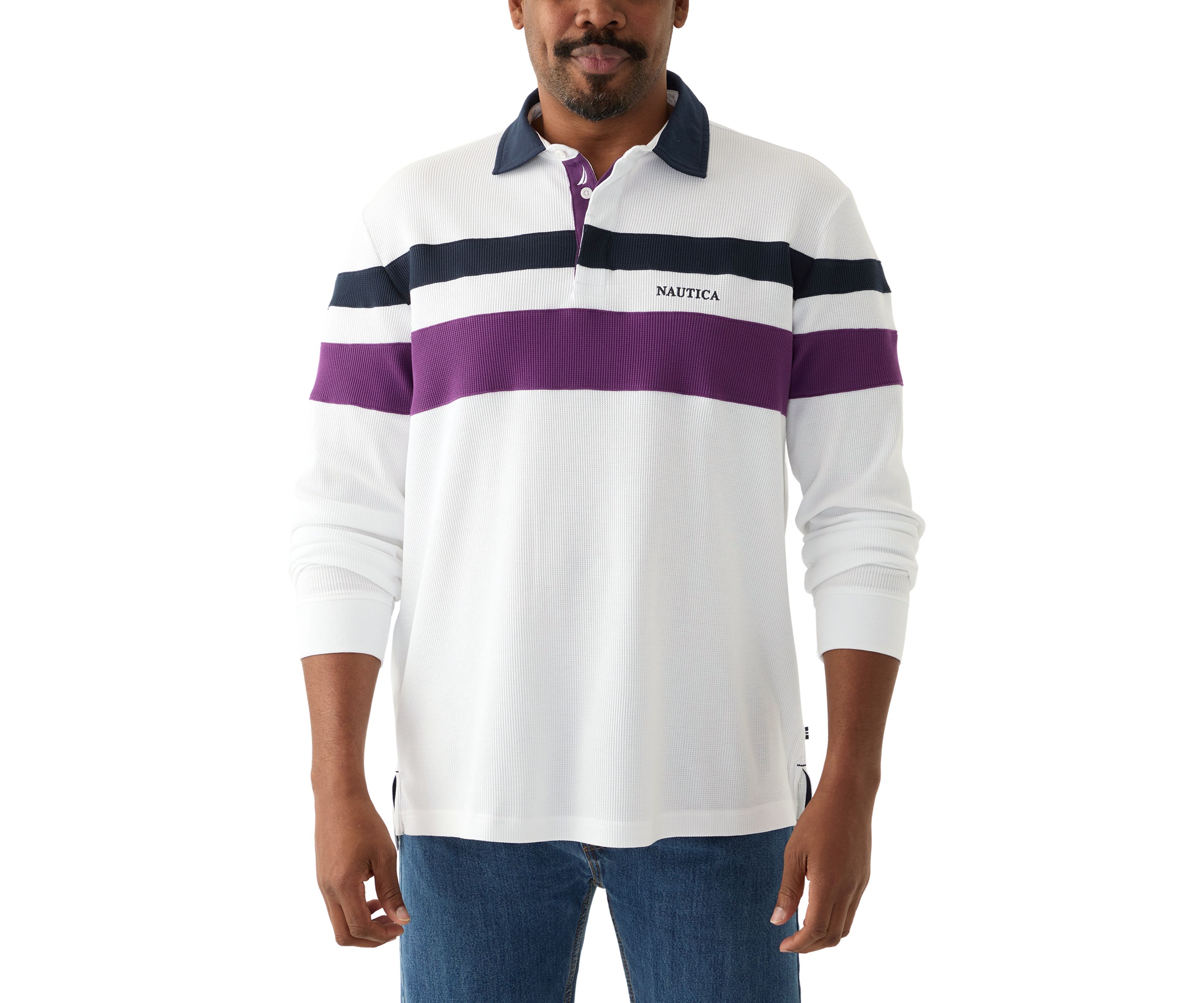 Big & Tall Long Sleeve Waffle Rugby Stripe Polo Shirt