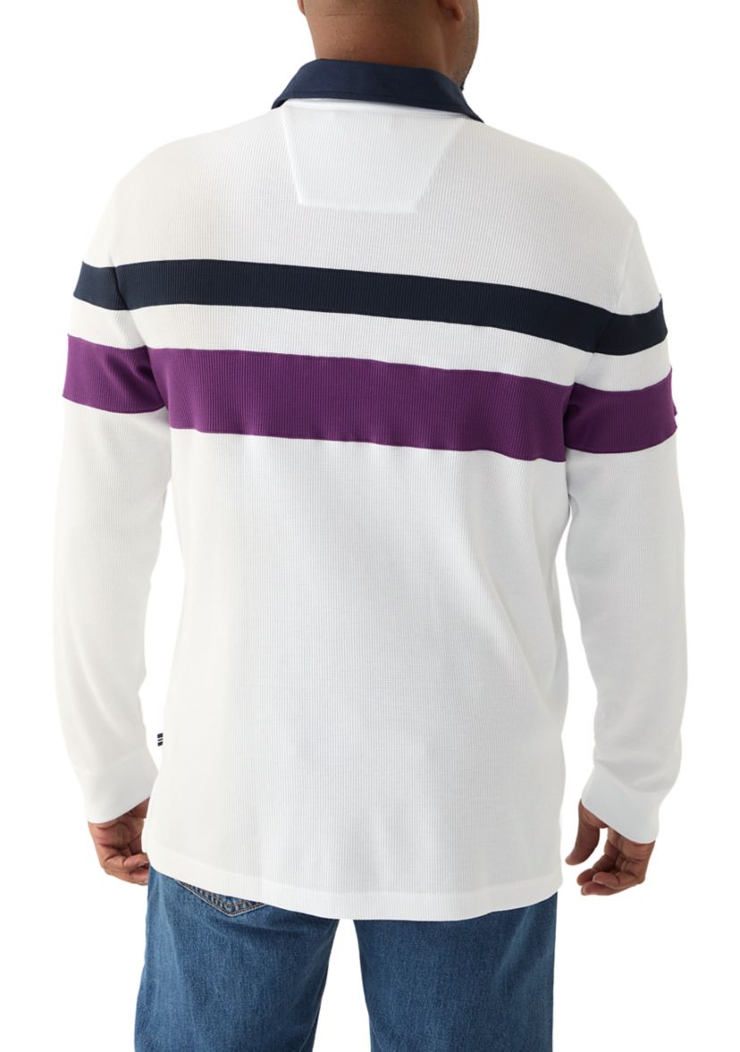 Big & Tall Long Sleeve Waffle Rugby Stripe Polo Shirt