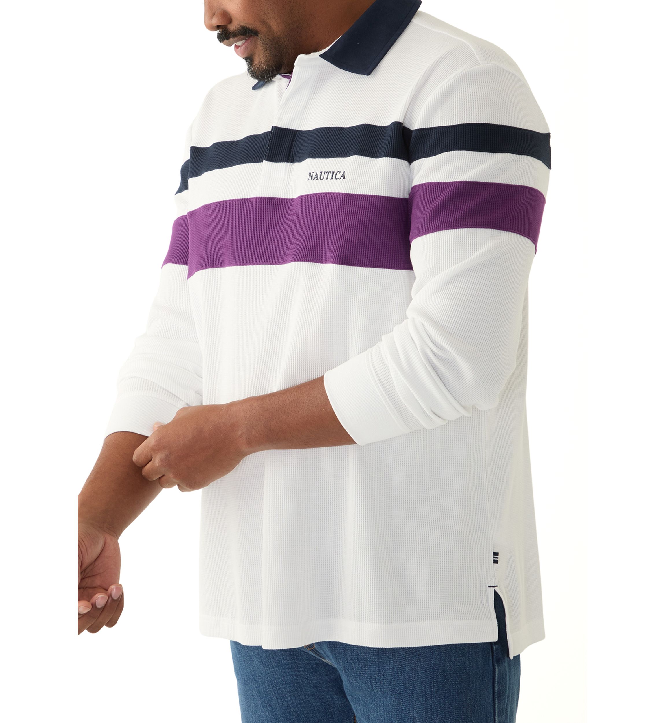 Big & Tall Long Sleeve Waffle Rugby Stripe Polo Shirt