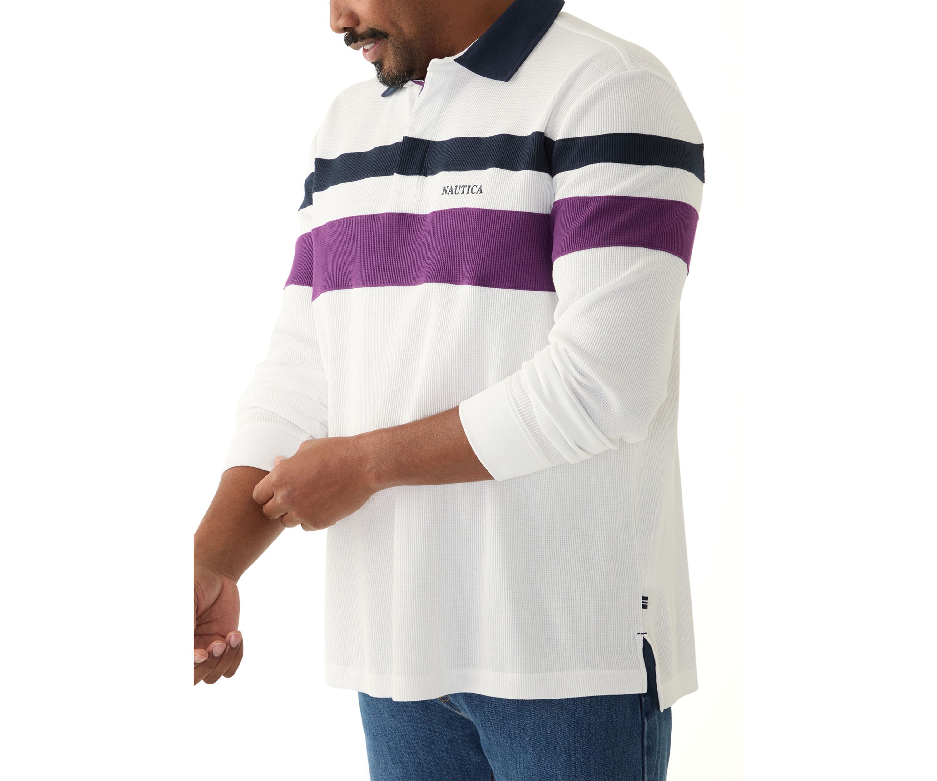 Big & Tall Long Sleeve Waffle Rugby Stripe Polo Shirt