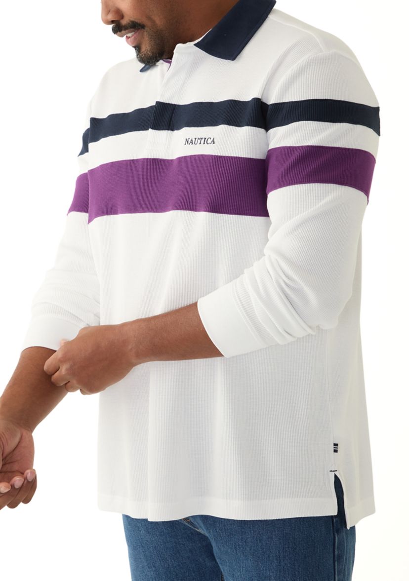 Big & Tall Long Sleeve Waffle Rugby Stripe Polo Shirt