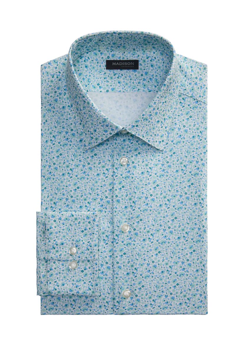 Madison Men's Liquid Soft Stretch, Slim Fit Dress Shirt, Mint, 18 - 18.5 34/35, Cotton, Floral Pattern