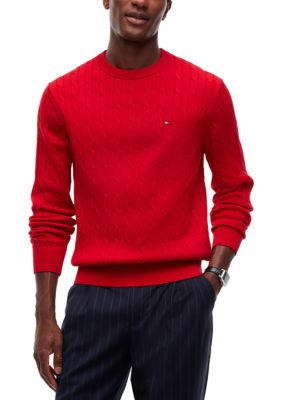 Tommy Hilfiger Men's Classic Cotton Cable Crew Neck Sweater, Red, Large