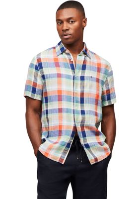 Tommy Hilfiger Men's Linen Summer Madras Short Sleeve Relaxed Fit Shirt