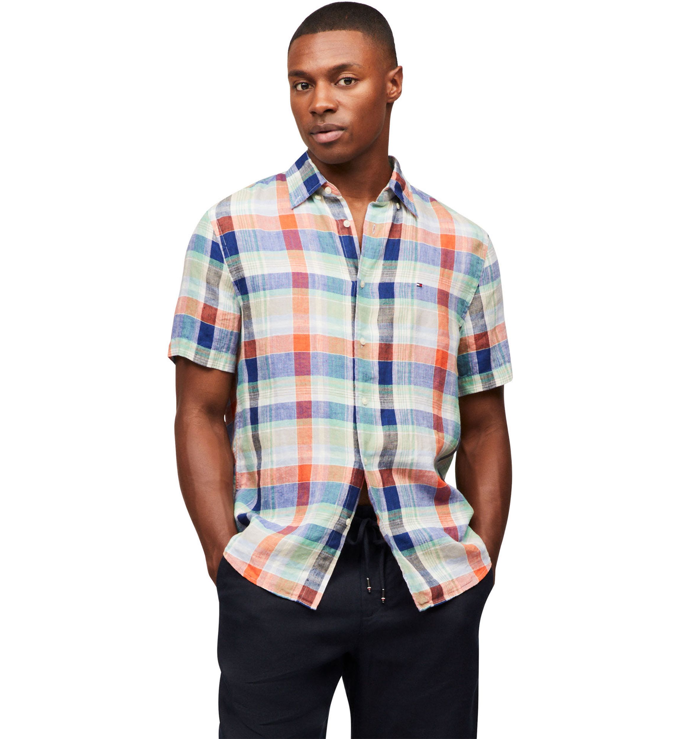 Linen Summer Madras Short Sleeve Relaxed Fit Shirt