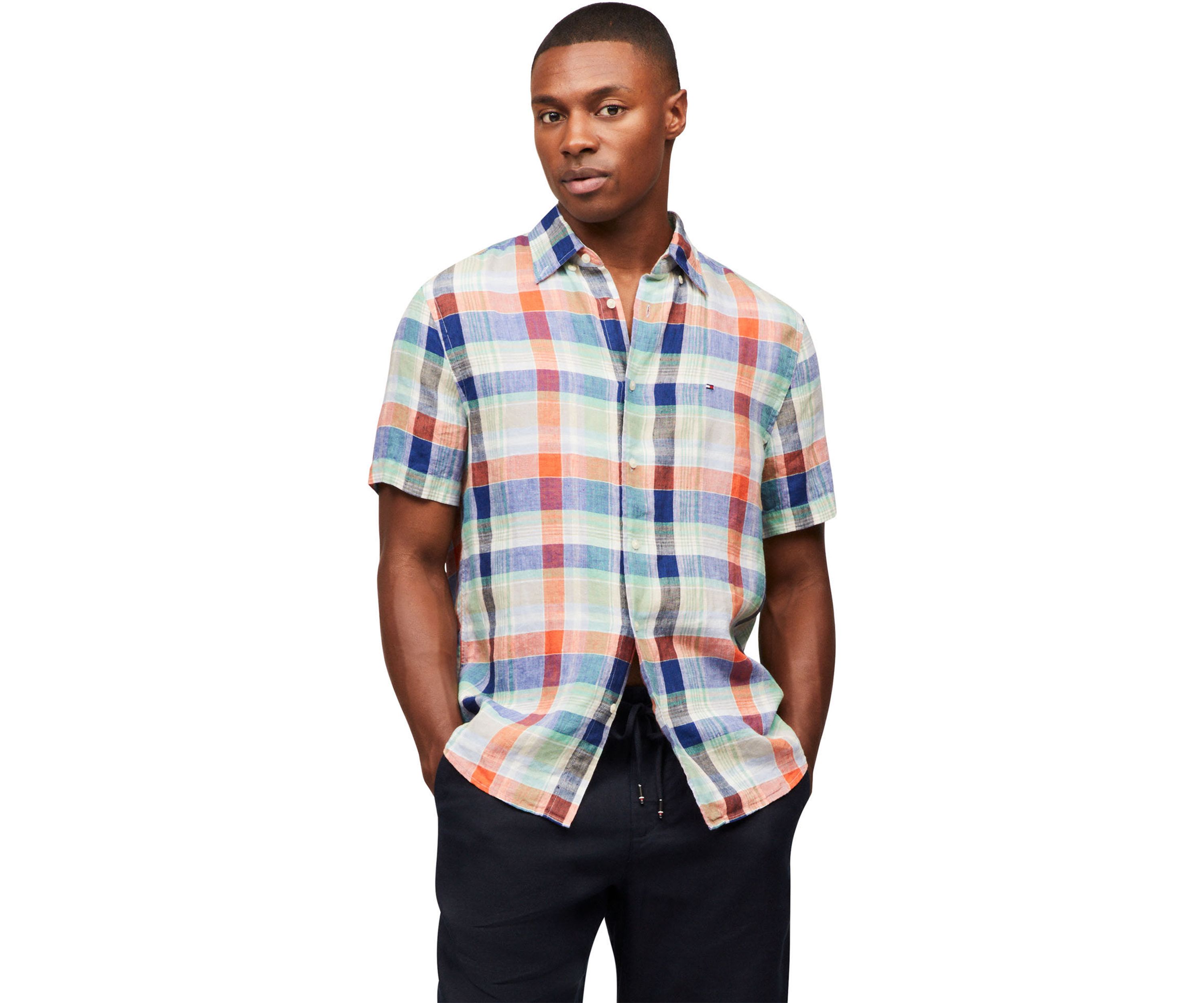 Linen Summer Madras Short Sleeve Relaxed Fit Shirt