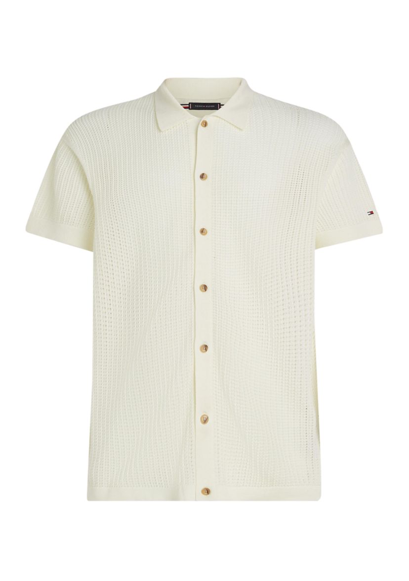 Mens Solid Open-Knit Polo Shirt