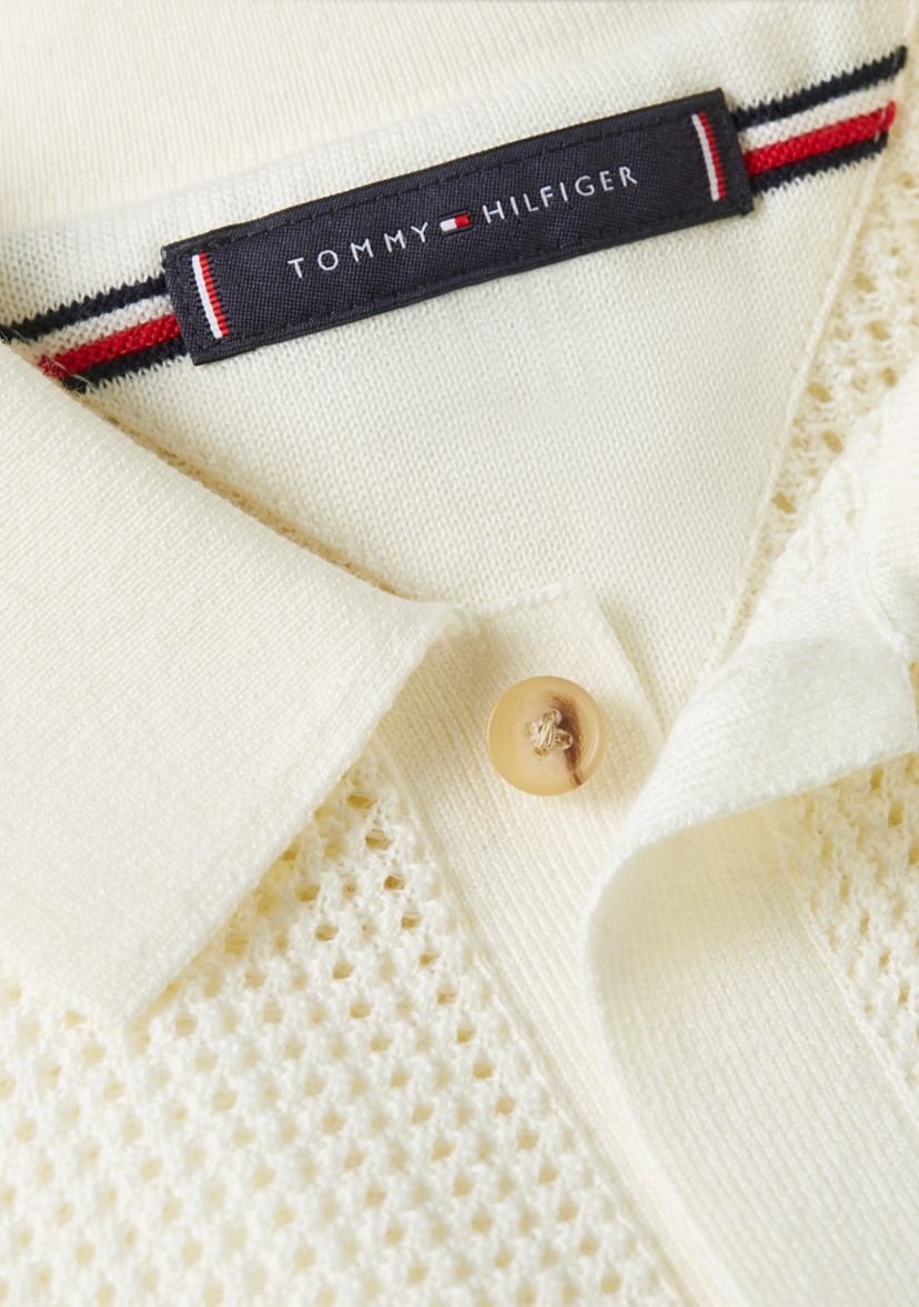 Mens Solid Open-Knit Polo Shirt