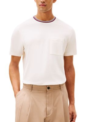 Tommy Hilfiger Men's Red White & Blue Pique Pocket T-Shirt, Ivory, Medium