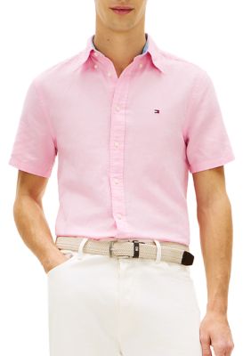 Tommy Hilfiger Men's Linen Blend Short Sleeve Shirt, Pink, 2XL