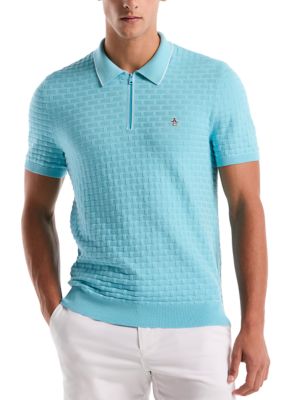 Original Penguin Men's Links Stitch Quarter Zip Sweater Polo Shirt, Blue, Small
