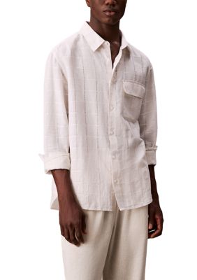 Calvin Klein Men's Linen Cotton Windowpane Easy Shirt, White, Medium