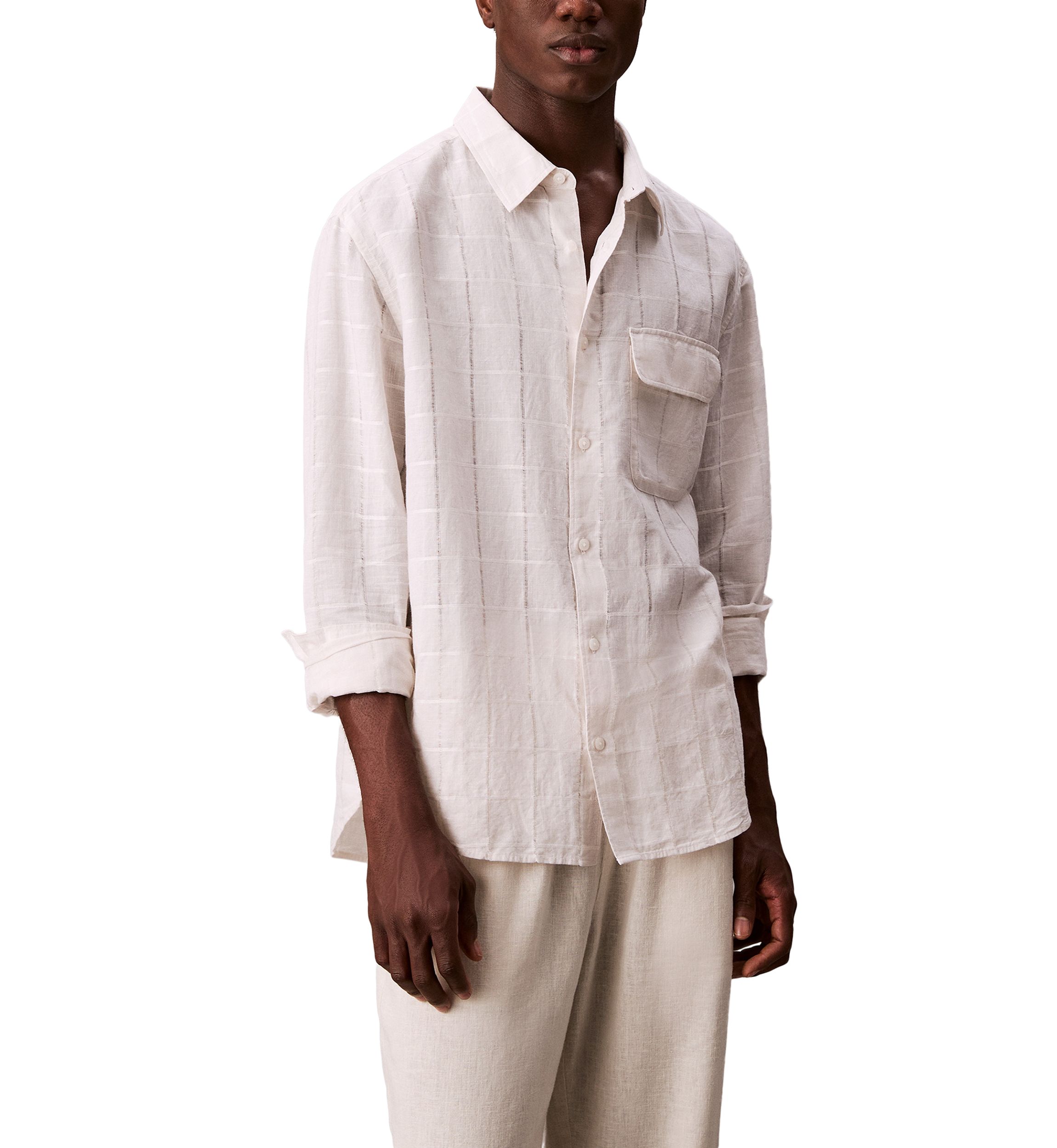 Mens Linen Cotton Windowpane Easy Shirt