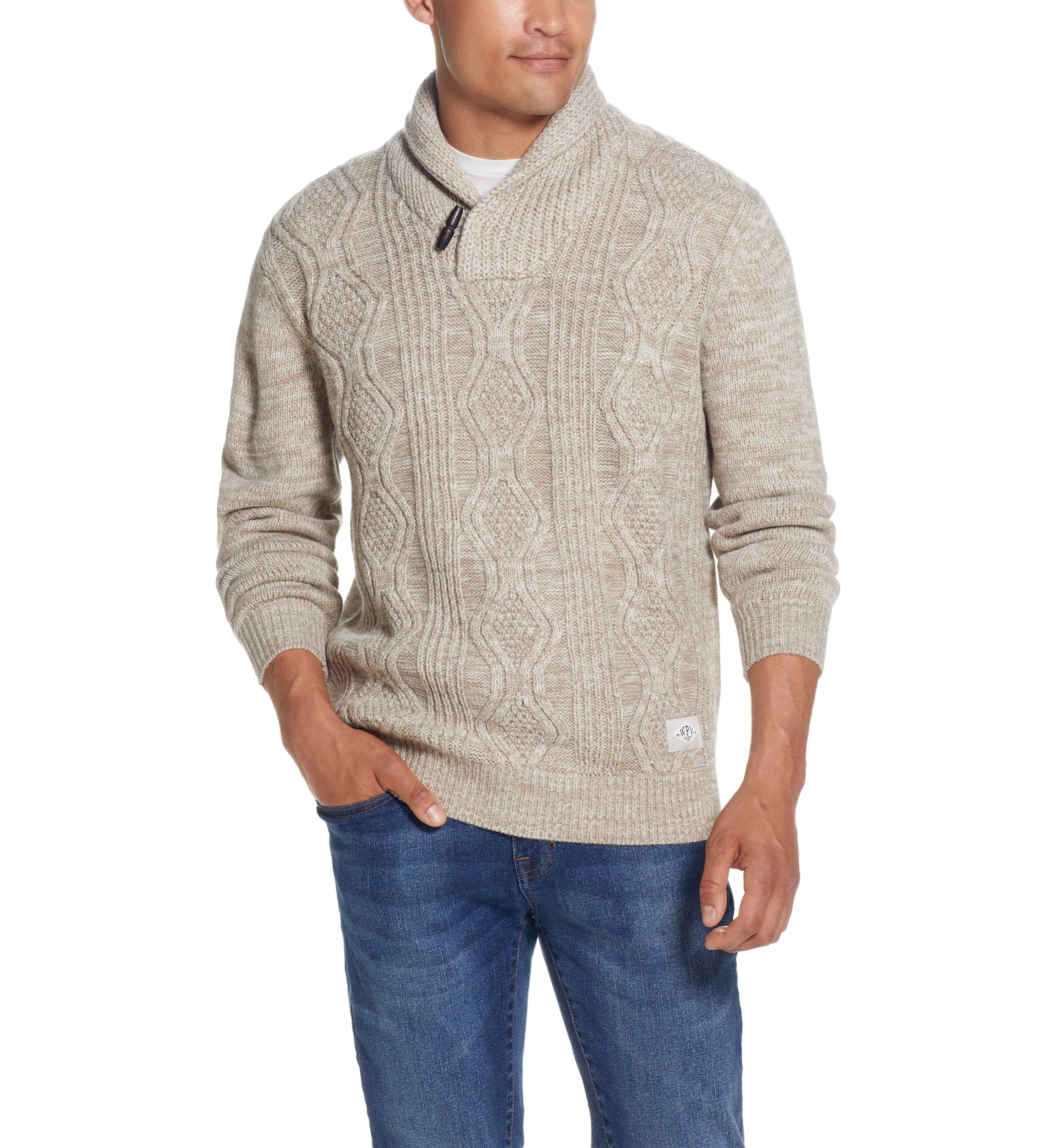 Mens Cable Knit Shawl Collar Sweater