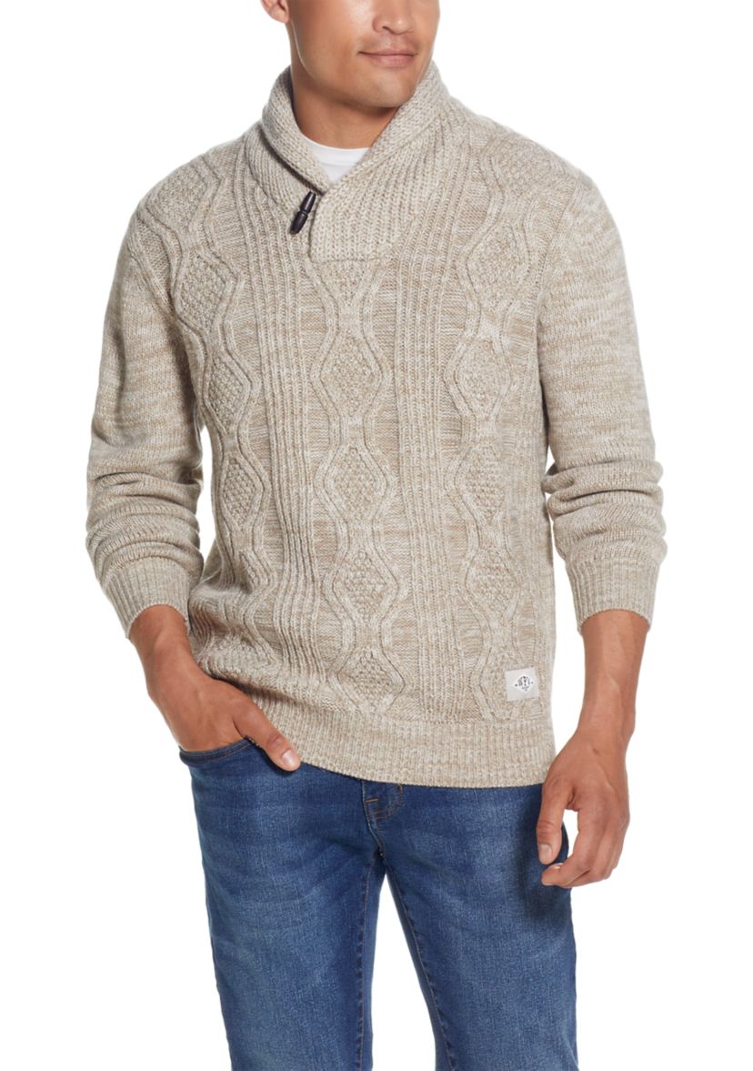 Mens Cable Knit Shawl Collar Sweater