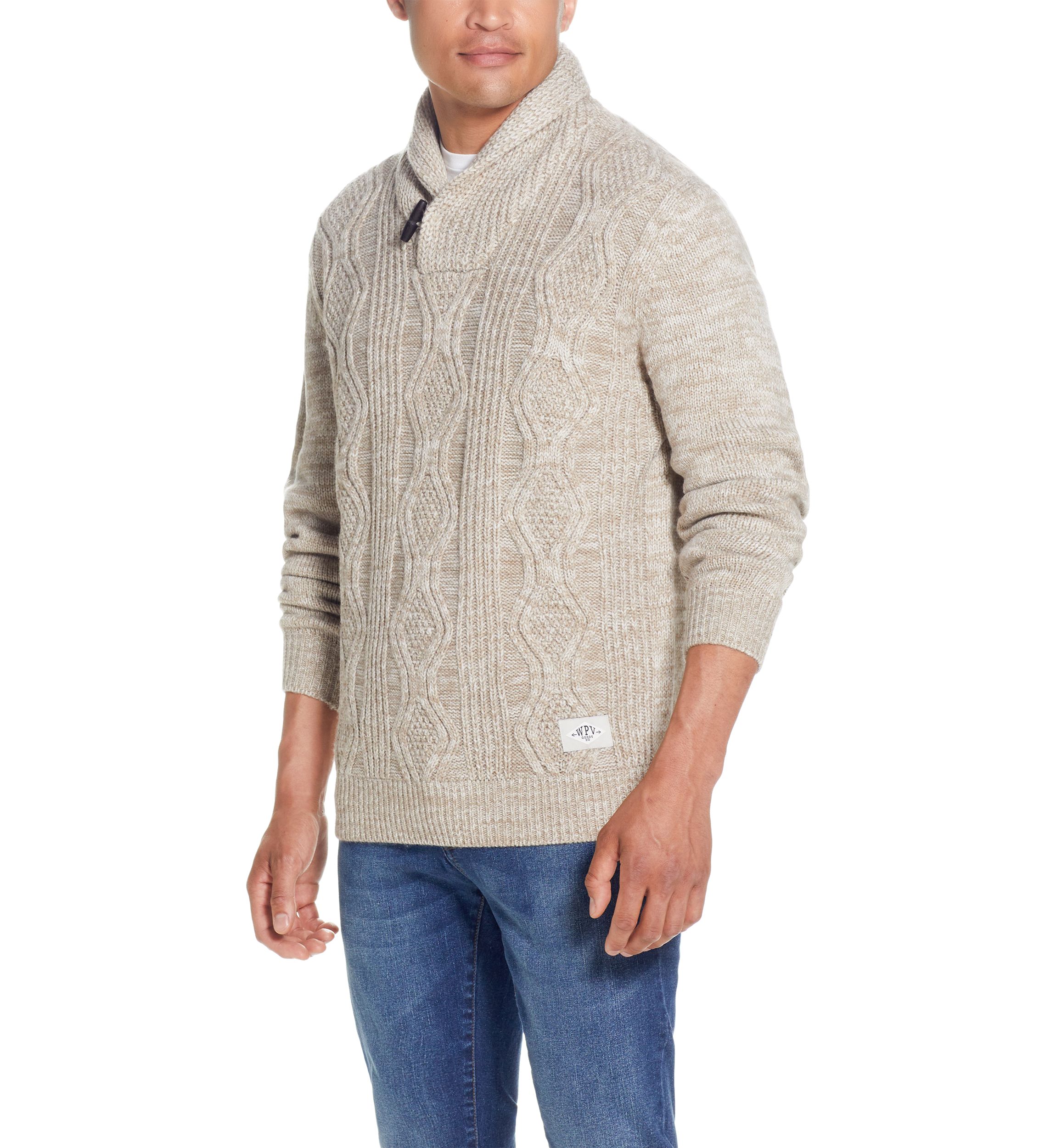 Mens Cable Knit Shawl Collar Sweater