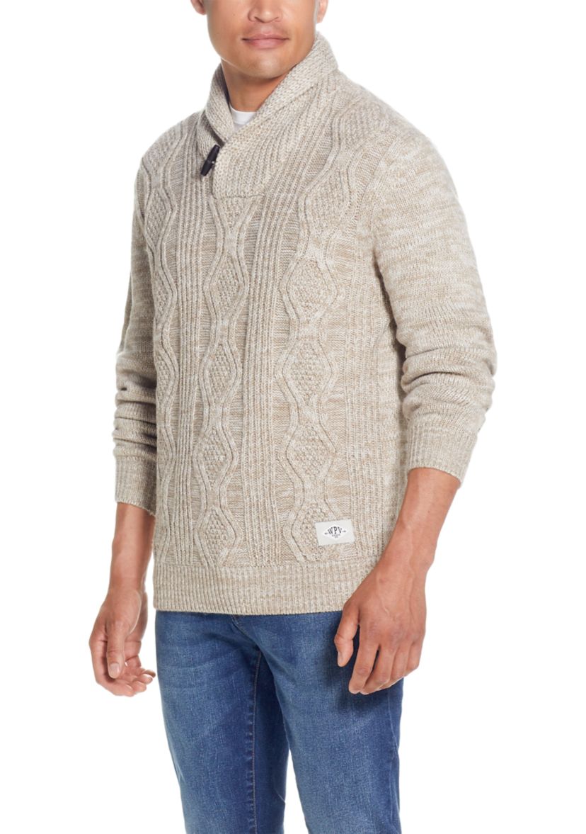 Mens Cable Knit Shawl Collar Sweater