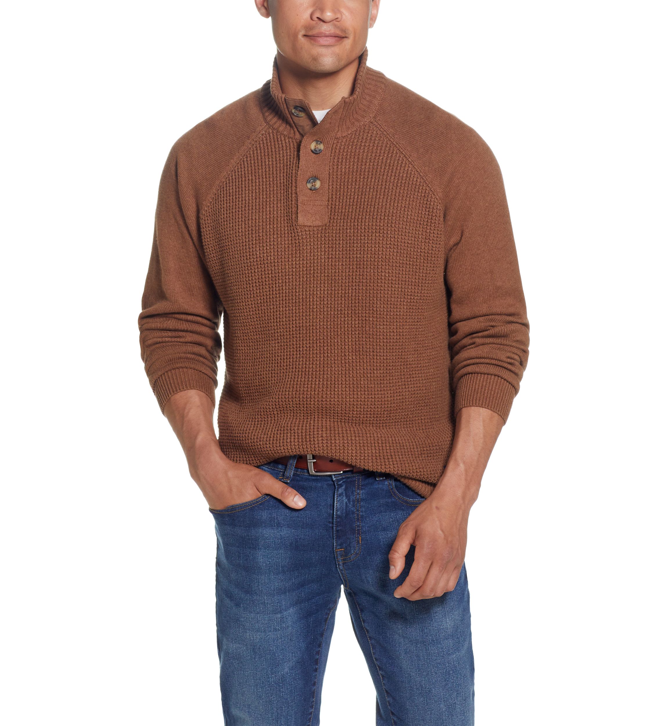 Raglan Sleeve Shaker Stitch Button Up Mock Neck Sweater 