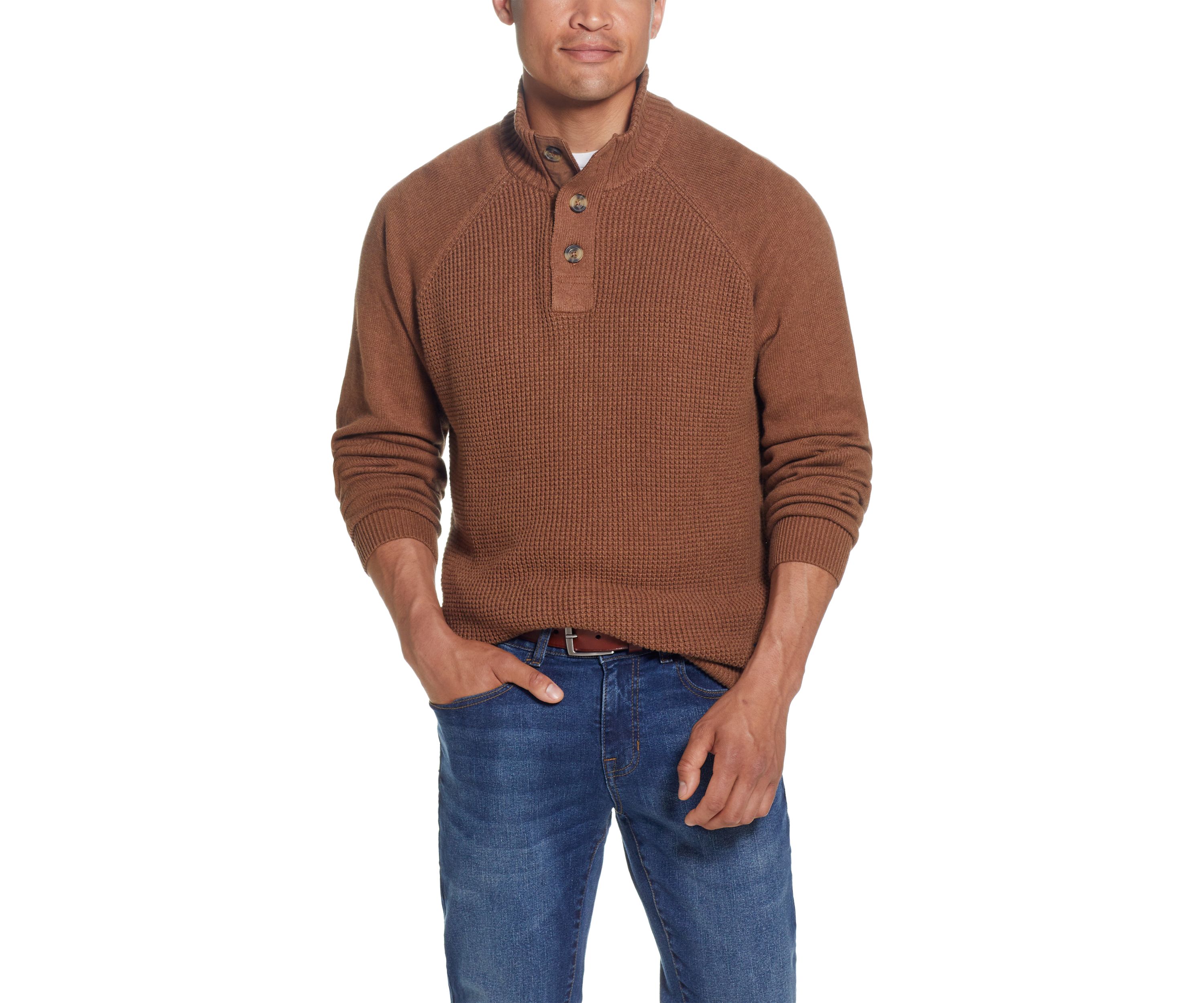 Raglan Sleeve Shaker Stitch Button Up Mock Neck Sweater 