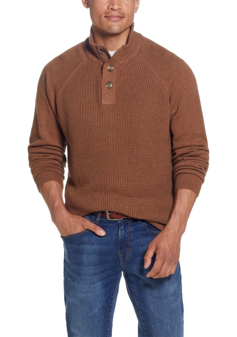 Raglan Sleeve Shaker Stitch Button Up Mock Neck Sweater 