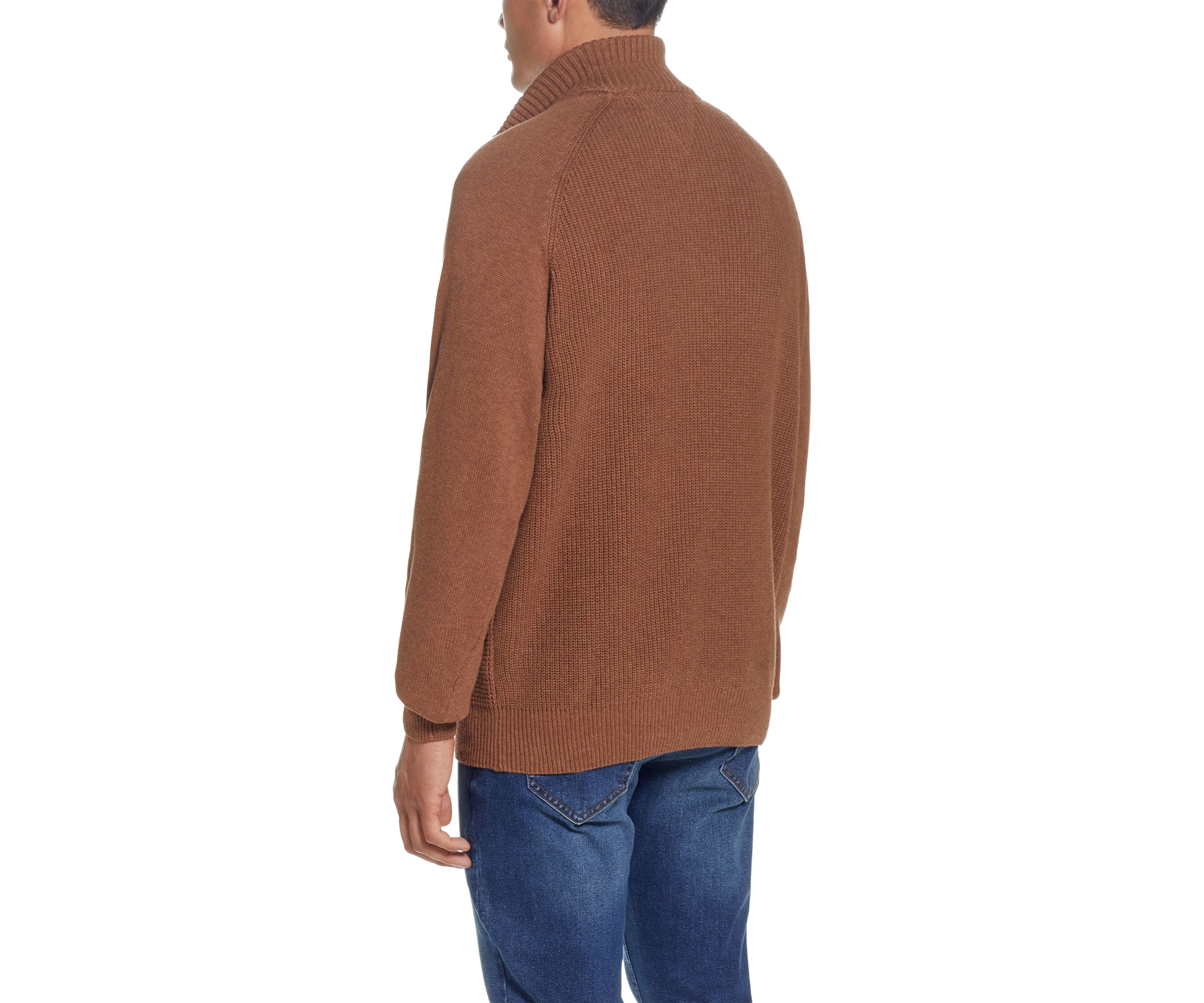 Raglan Sleeve Shaker Stitch Button Up Mock Neck Sweater 