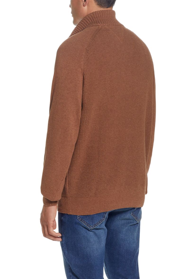 Raglan Sleeve Shaker Stitch Button Up Mock Neck Sweater 