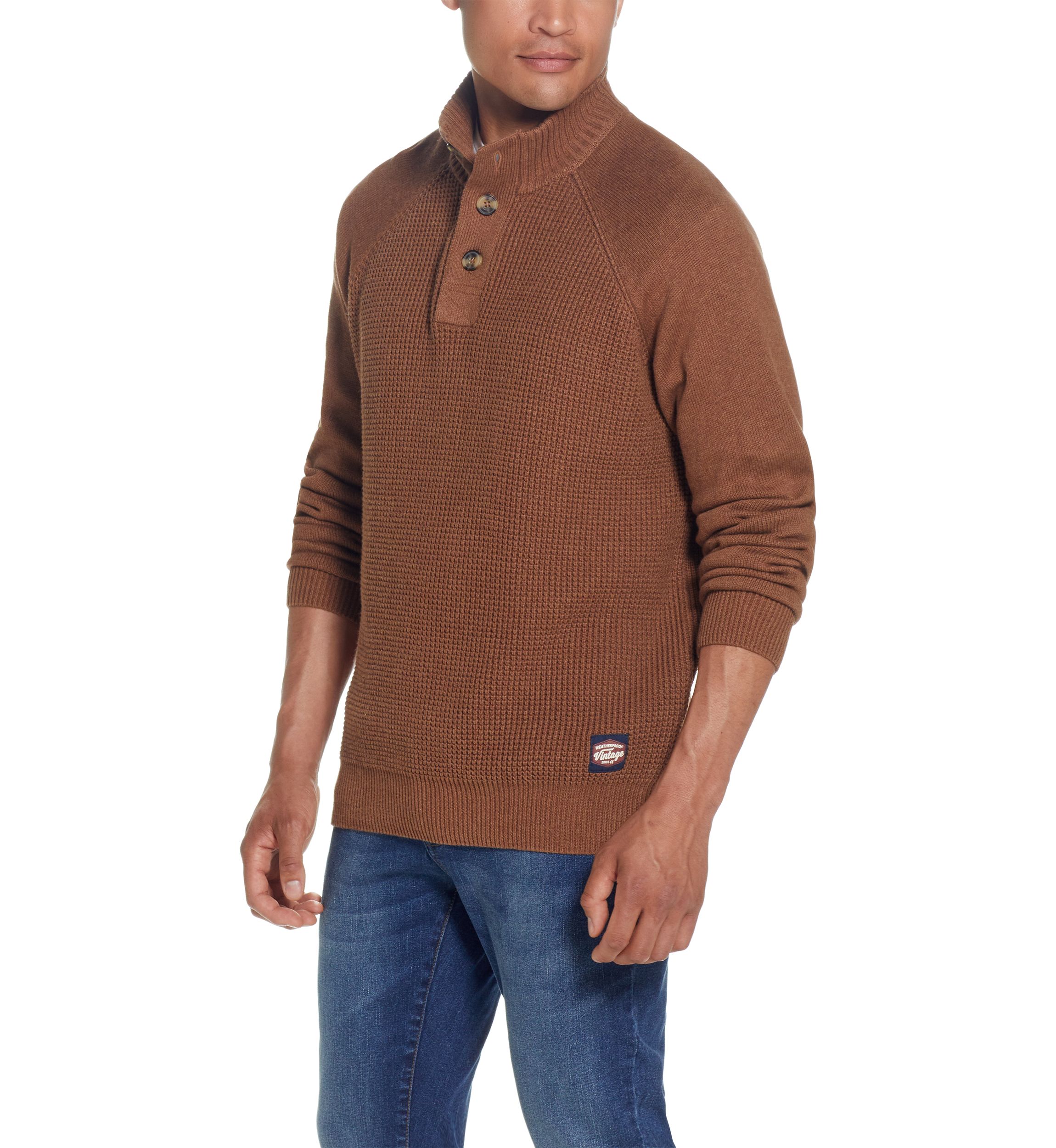 Raglan Sleeve Shaker Stitch Button Up Mock Neck Sweater 