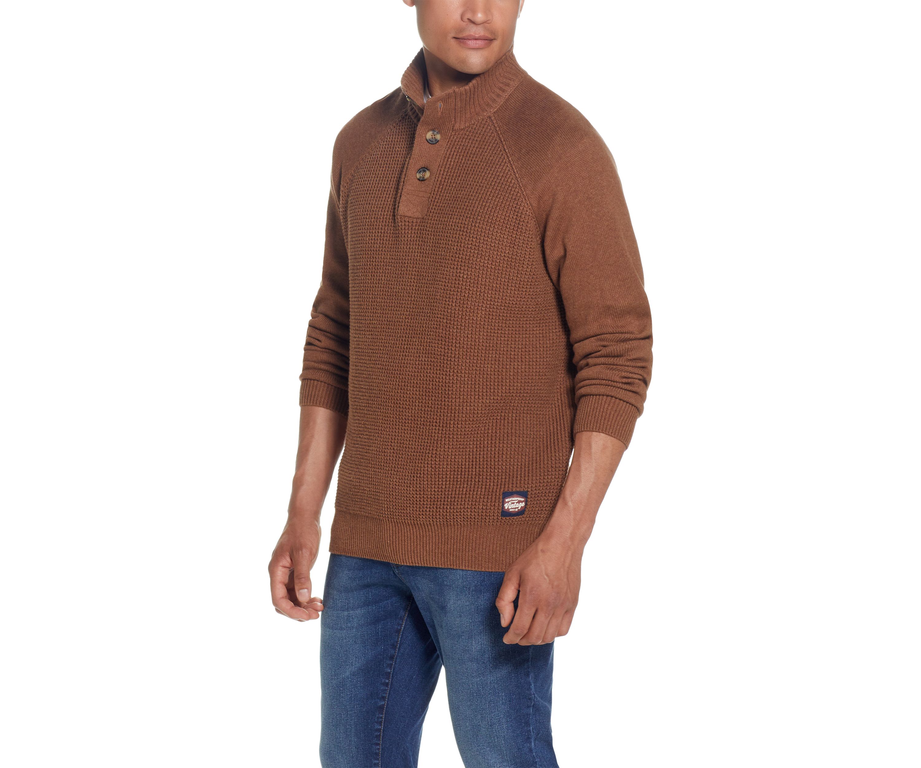 Raglan Sleeve Shaker Stitch Button Up Mock Neck Sweater 